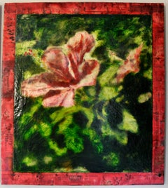Vintage Hibiscus III, flowers, oil and encaustic on canvas