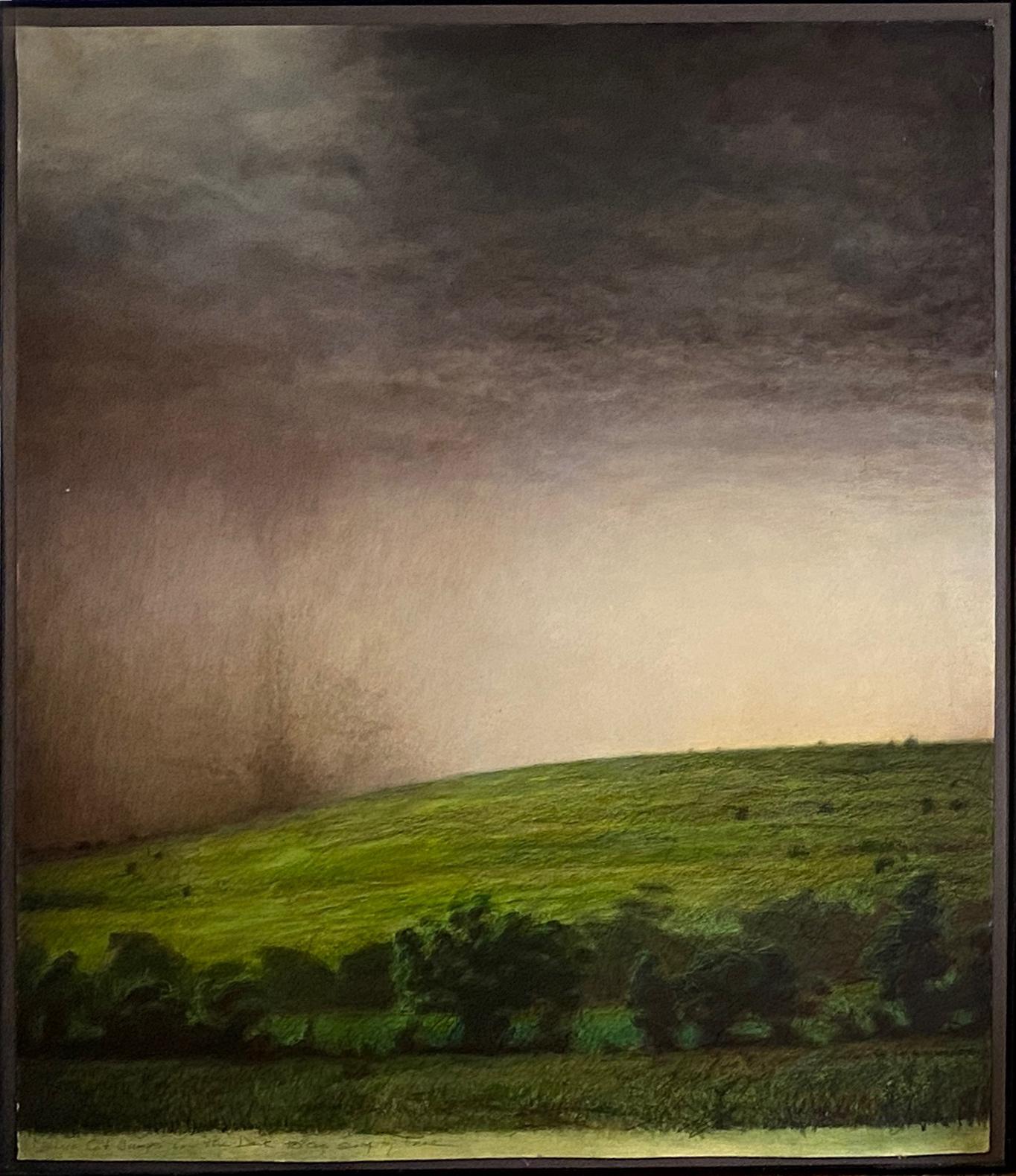 Cette peinture de paysage encadrée de Mark Gilmore (42" x 34") présente une scène rurale d'un champ à flanc de colline et une tornade naissante cachée derrière une tempête de pluie en mouvement et un rayon de soleil dans le champ. Le travail de