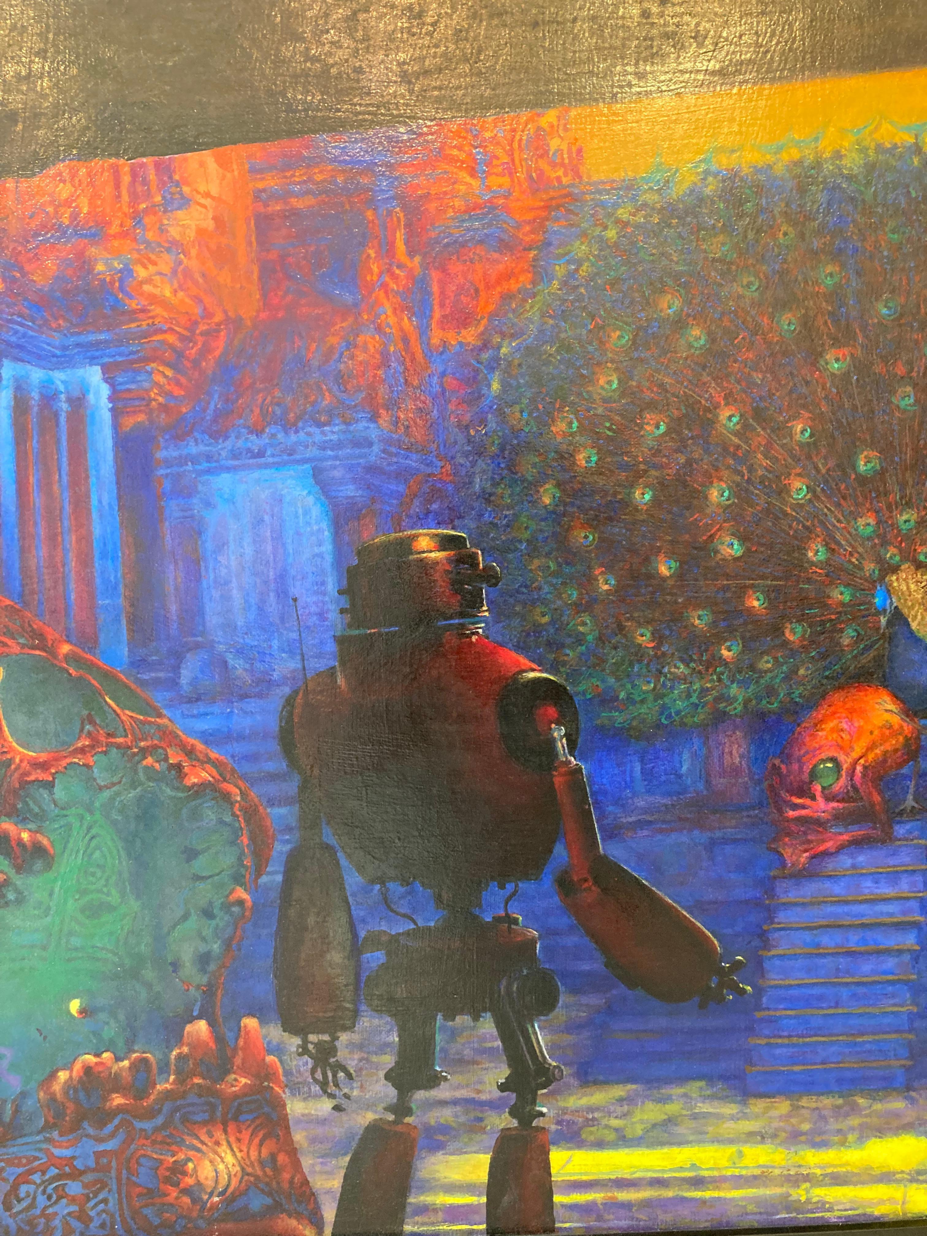 This oil on canvas by Mark Gilmore depicts the fantastical meeting between the robot Ulysses as he witnesses the subjugation of a subject by the peacock king. Ulysses is flanked between two large skulls that are cast shadows of red and green. In the