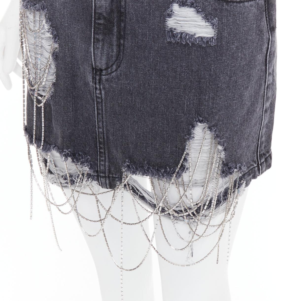 MARK GONG mini-jupe grise à franges et perles vieillies IT36 XXS en vente 2