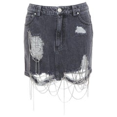 MARK GONG minigonna in denim grigio con frange e perline IT36 XXS