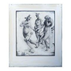 “Three Figures” Contemporary Black and White Surrealist Figurative Nude Painting