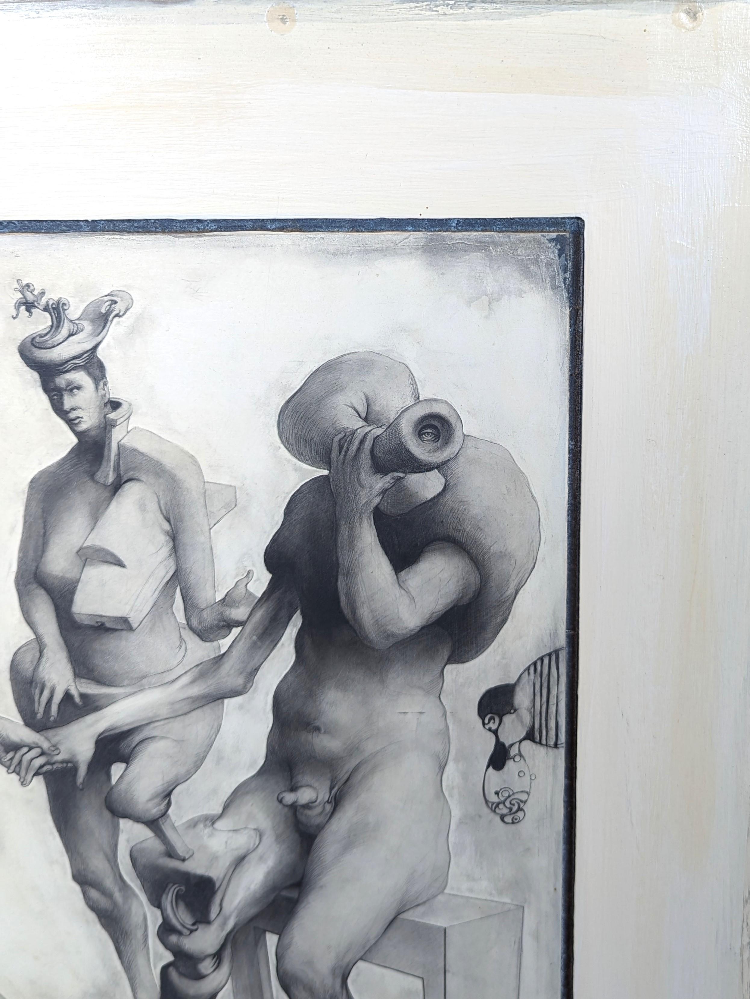 Pintura surrealista contemporánea en blanco y negro del artista tejano Mark Greenwalt. La obra presenta un trío de figuras desnudas sometidas a diversas formas de transformación biomórfica. Firmado, titulado y fechado en el reverso.  

Biografía del