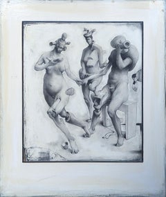 Vintage “Three Figures” Contemporary Black and White Surrealist Figurative Nude Painting