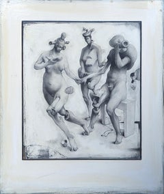 “Three Figures” Contemporary Black and White Surrealist Figurative Nude Painting