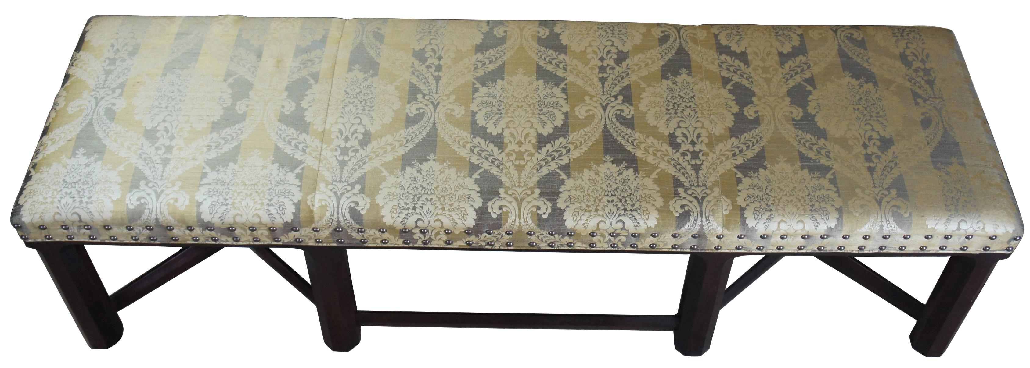 Hickory Chair trestle bench 2009-88. Made by Mark Hampton for the Thomas O'Brein collection. Features 19th century English styling with mahogany X joined base and Scalamandre style fabirc accented in nailhead trim. Purchased from the Henredon