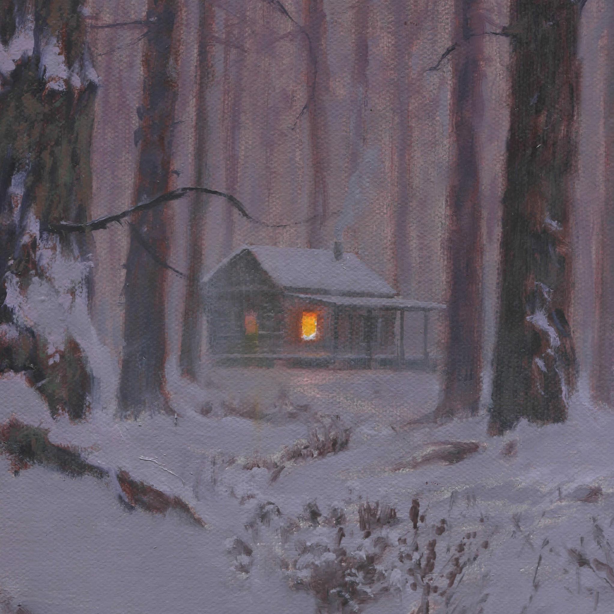Home Sweet Home - Huile sur toile - Peinture de paysage de cabane d'hiver - Réalisme Painting par Mark Harrison