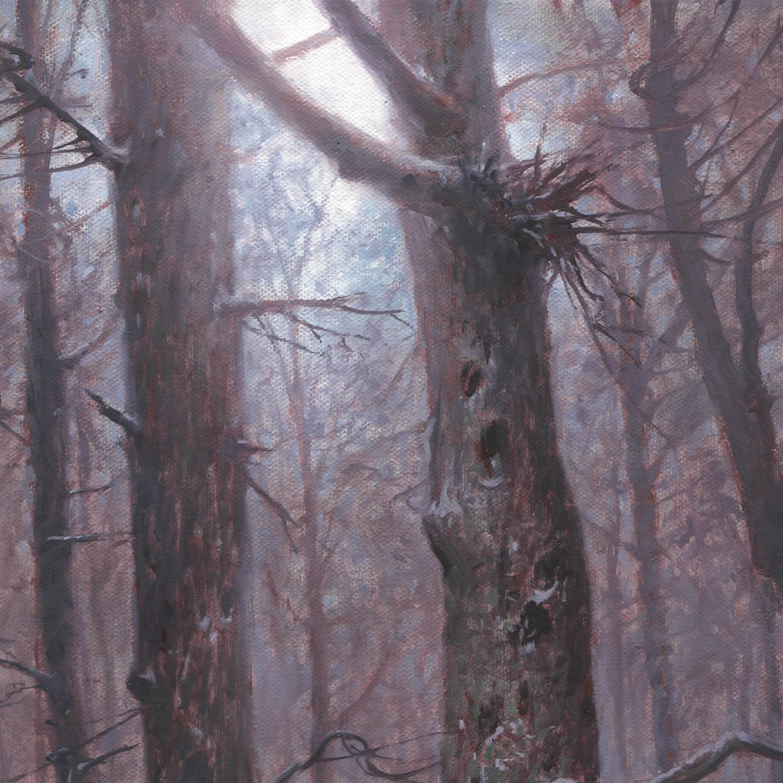 Home Sweet Home - Huile sur toile - Peinture de paysage de cabane d'hiver - Noir Landscape Painting par Mark Harrison