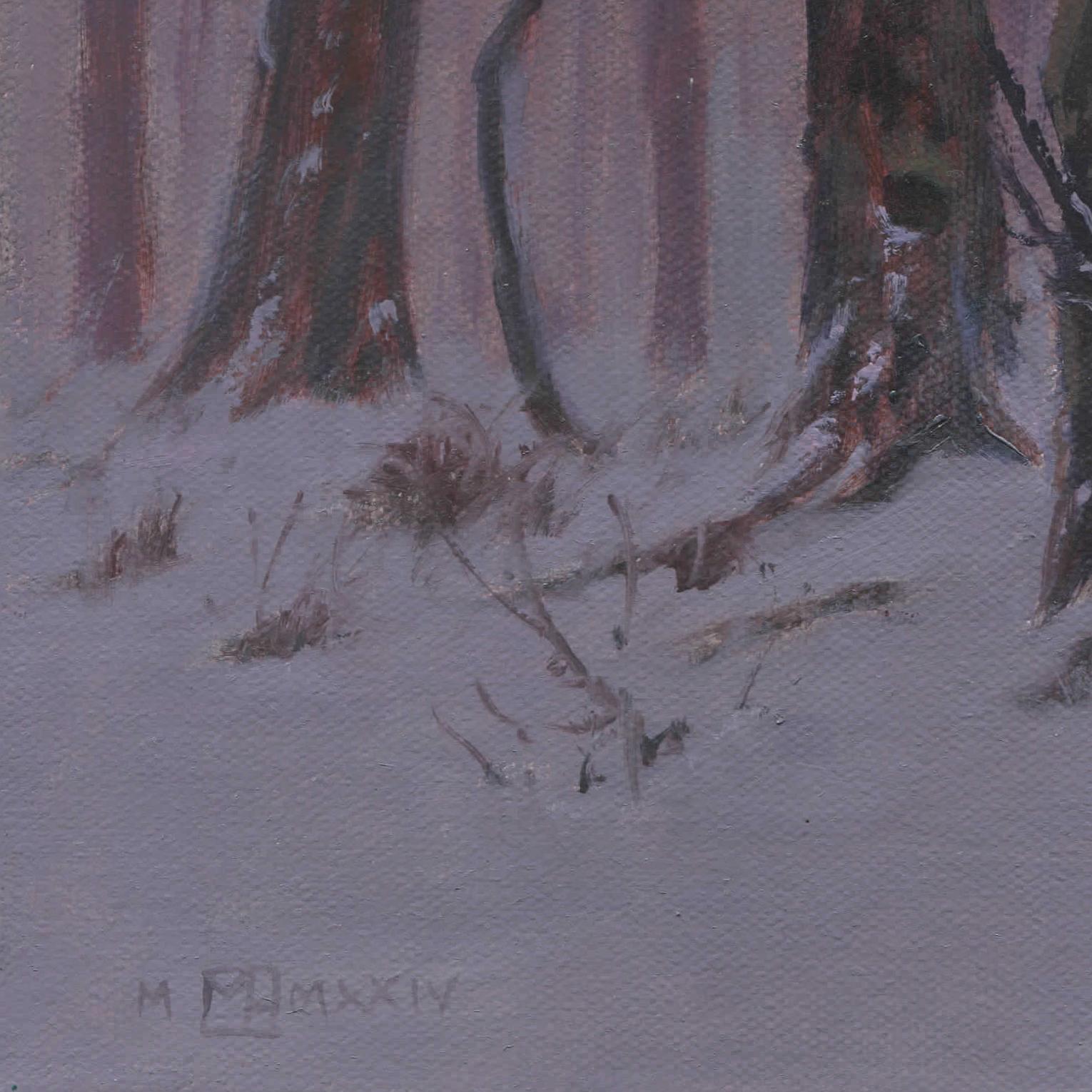 Home Sweet Home - Huile sur toile - Peinture de paysage de cabane d'hiver en vente 3