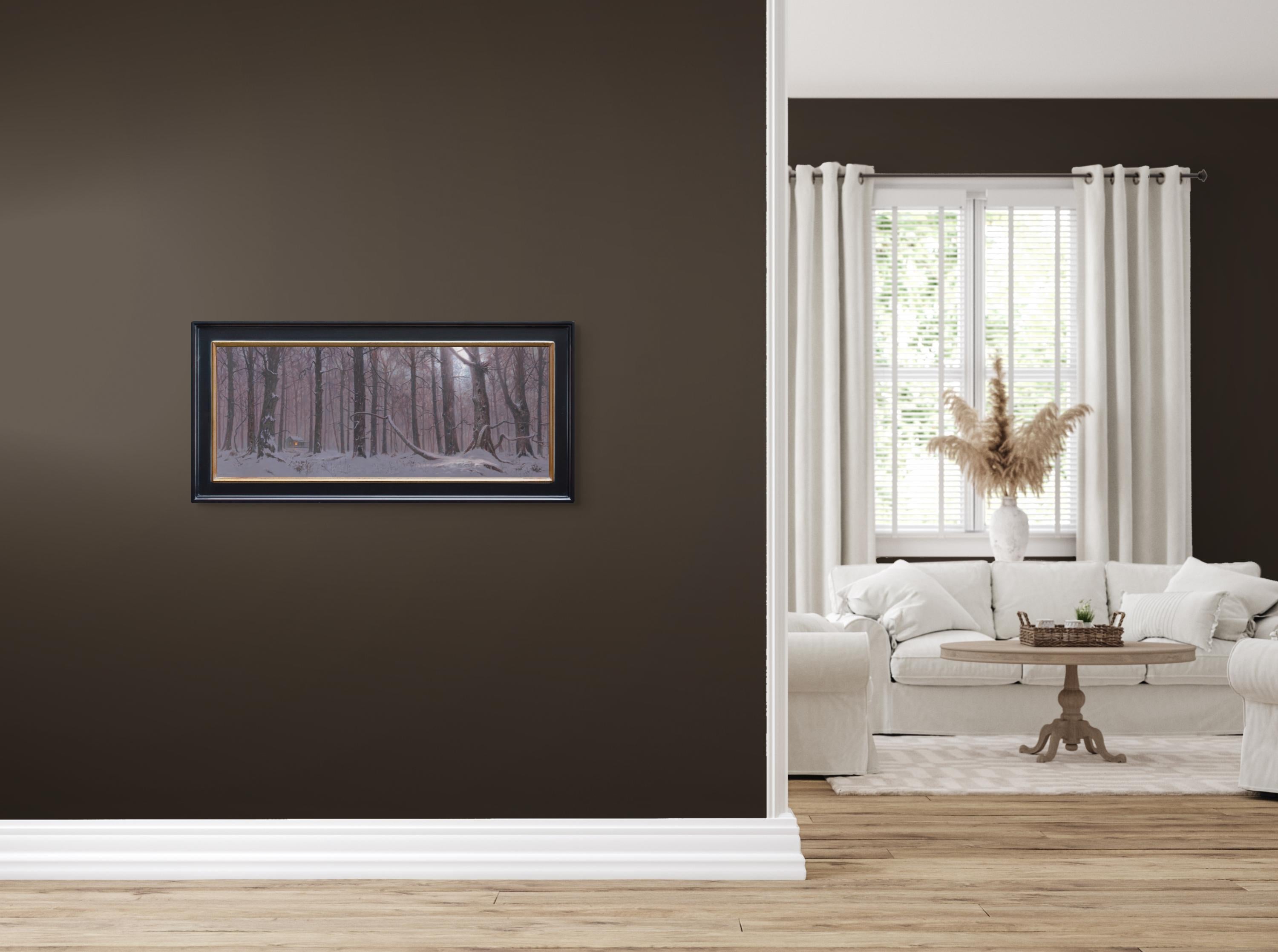 Home Sweet Home - Huile sur toile - Peinture de paysage de cabane d'hiver en vente 4