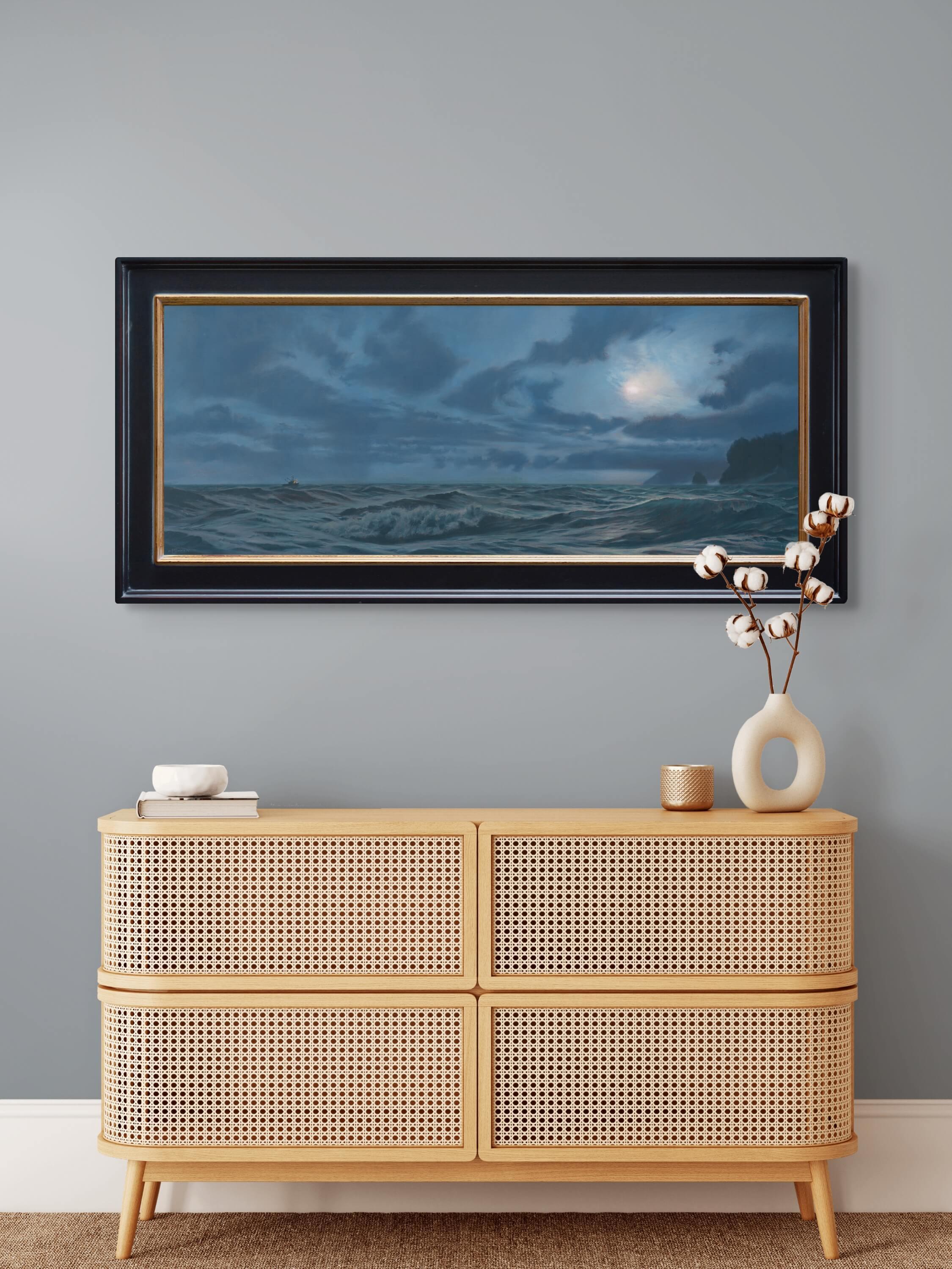 Homeward Bound – Nocturne, Öl- Meereslandschaft, Gemälde mit Mondlicht und Fischerboot – Painting von Mark Harrison