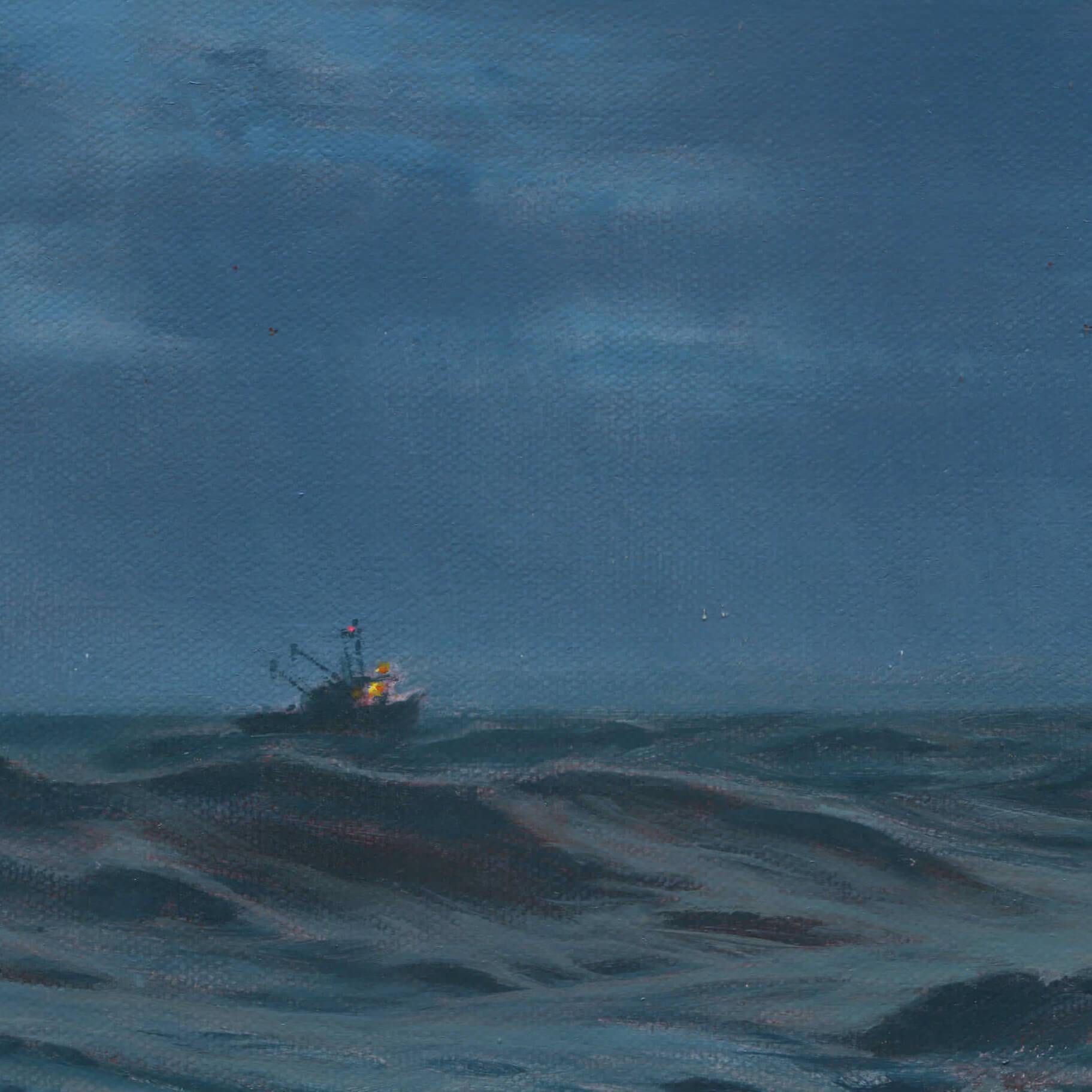 Homeward Bound – Nocturne, Öl- Meereslandschaft, Gemälde mit Mondlicht und Fischerboot (Realismus), Painting, von Mark Harrison