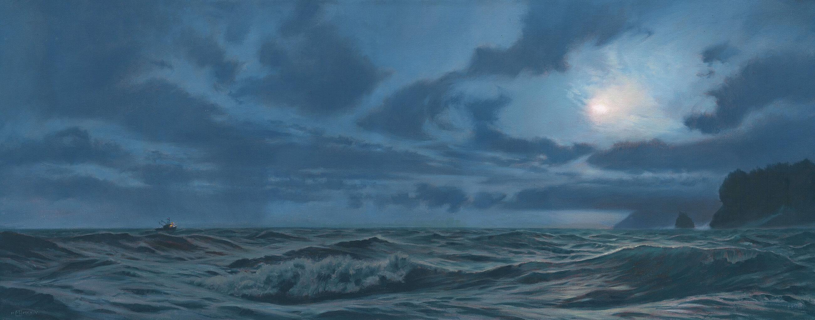 Homeward Bound – Nocturne, Öl- Meereslandschaft, Gemälde mit Mondlicht und Fischerboot (Blau), Landscape Painting, von Mark Harrison