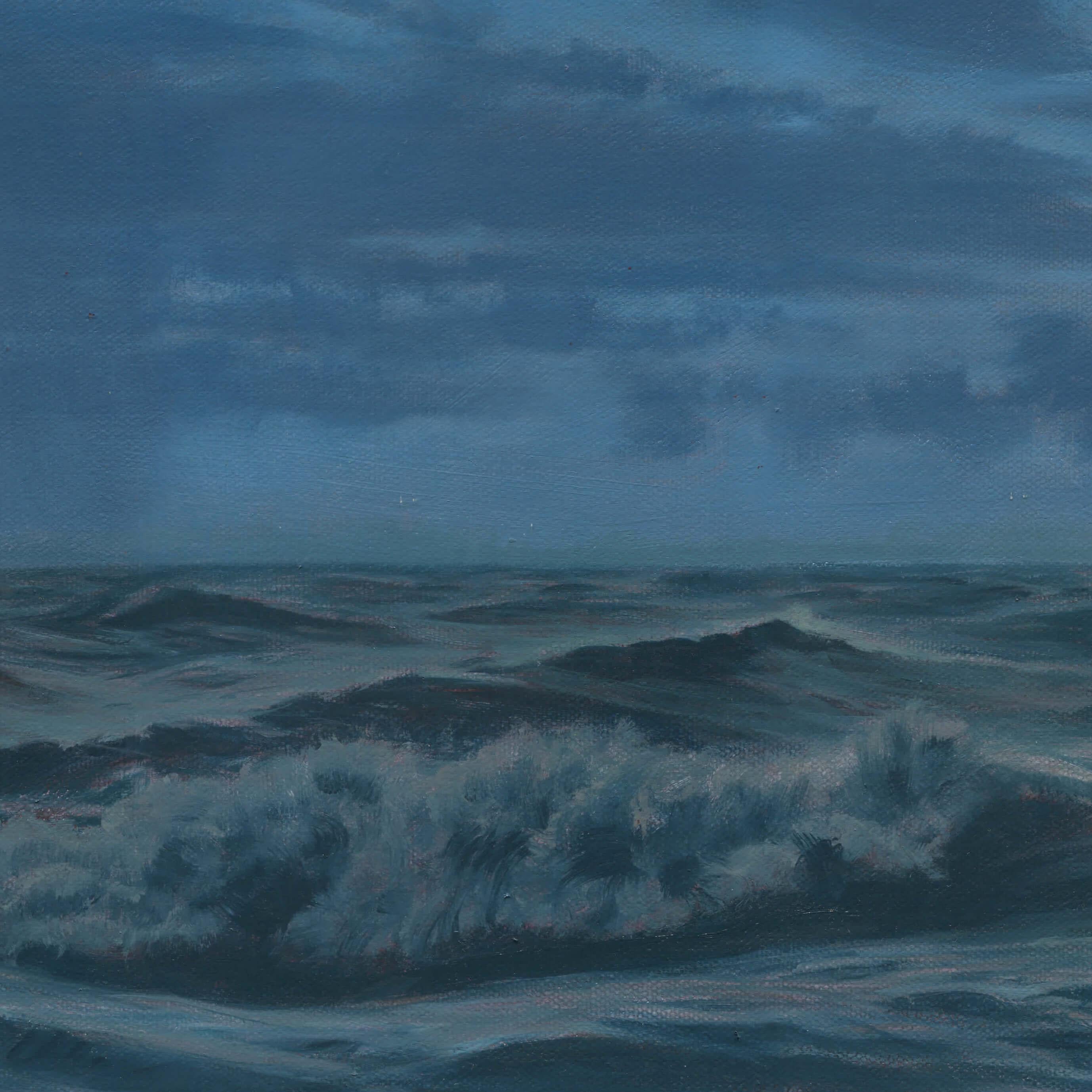 Homeward Bound – Nocturne, Öl- Meereslandschaft, Gemälde mit Mondlicht und Fischerboot im Angebot 3