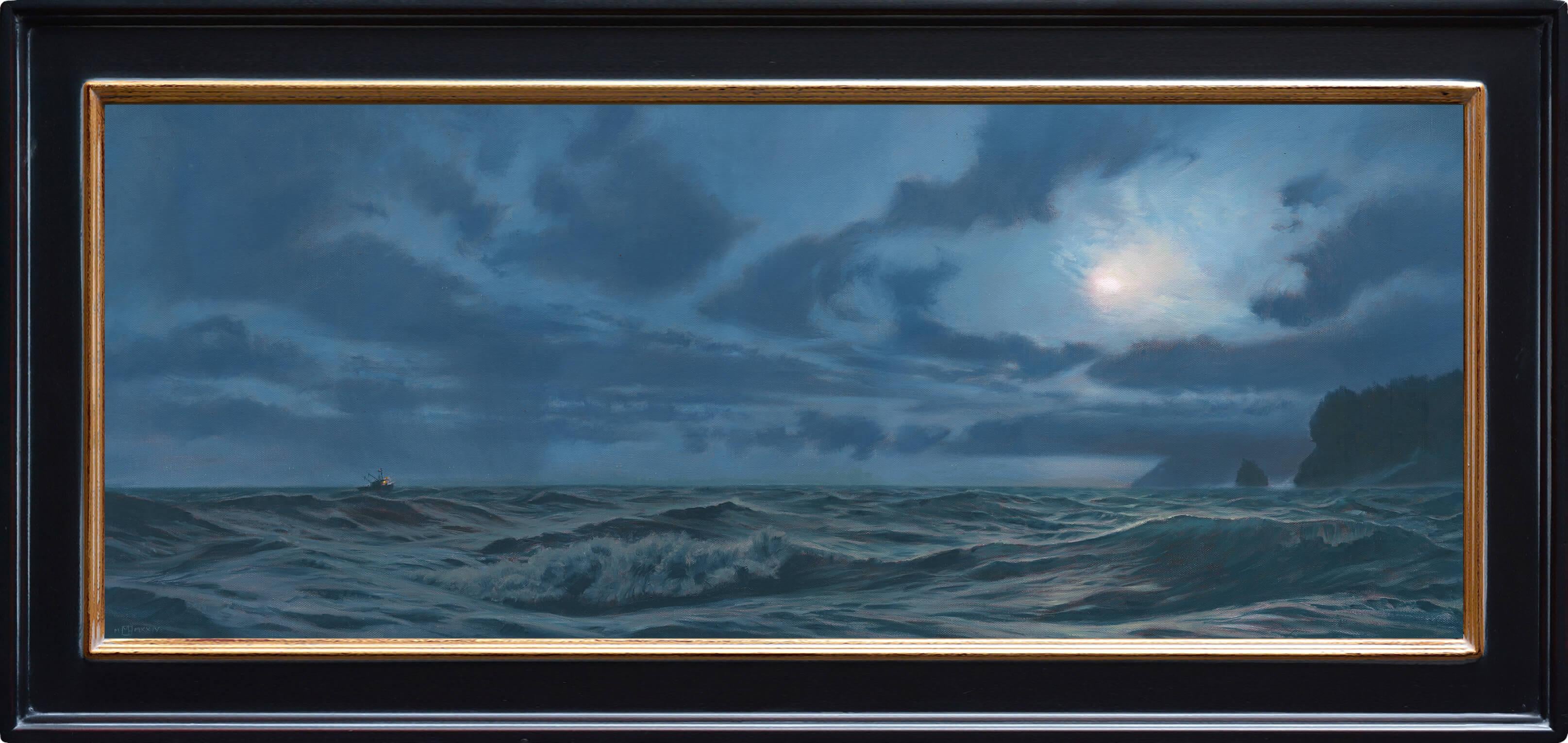 Mark Harrison Landscape Painting – Homeward Bound – Nocturne, Öl- Meereslandschaft, Gemälde mit Mondlicht und Fischerboot