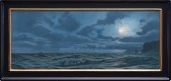 Homeward Bound - Notturno dipinto a olio con luce lunare e barca da pesca