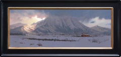"Out in the Cold" - Pintura al óleo de paisaje con cabaña nevada y montañas