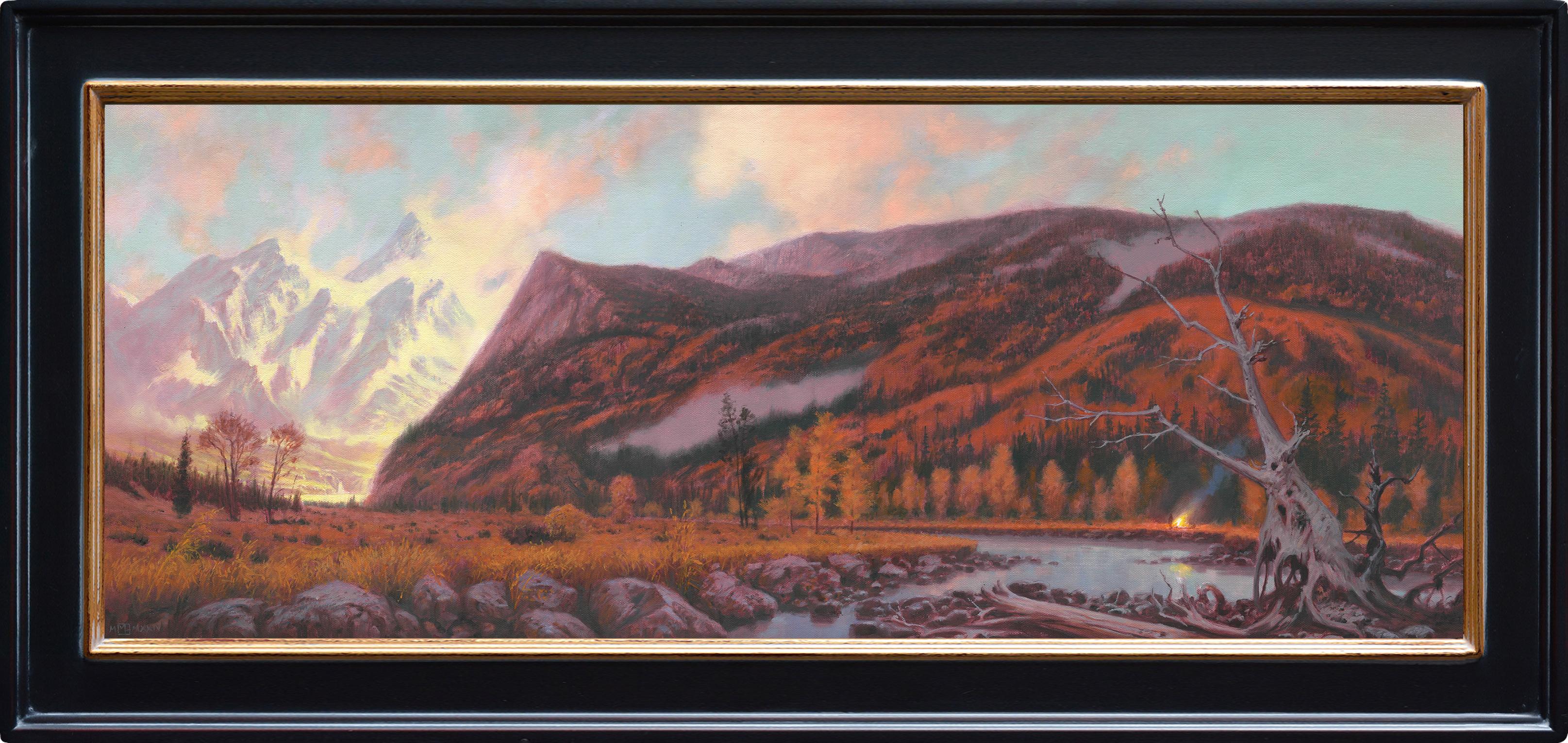 "Passing Through" - Pittura paesaggistica olio su tela con montagne e fiume