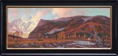 "Passing Through" - Pittura paesaggistica olio su tela con montagne e fiume