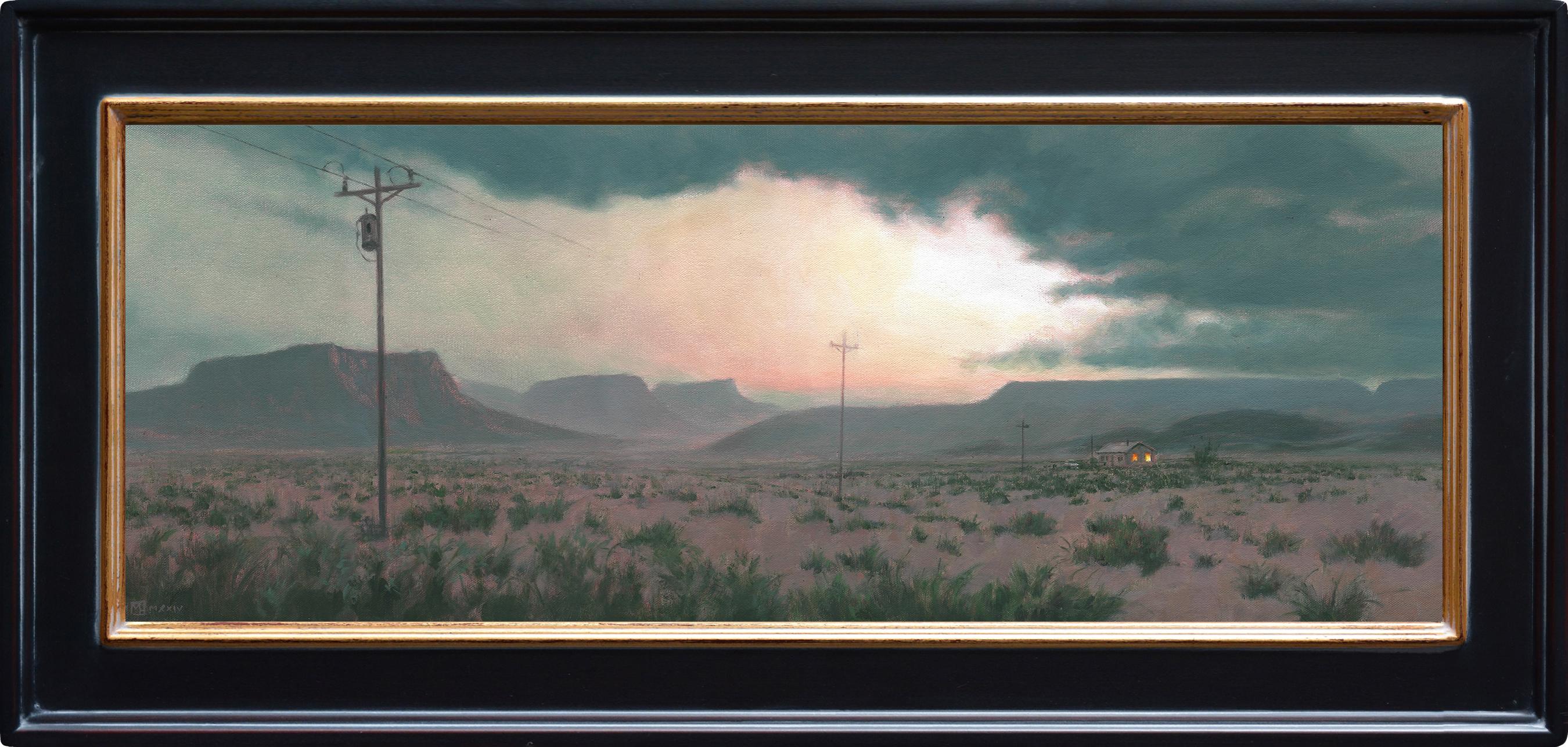 Landscape Painting di Mark Harrison - "Telefono a casa" - Pittura ad olio di un paesaggio con deserto, linee elettriche e un'ombra lontana
