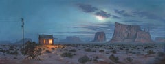 „End of the Line“ - Öl auf Leinwand Nocturne Landschaft mit Wüstenhütte