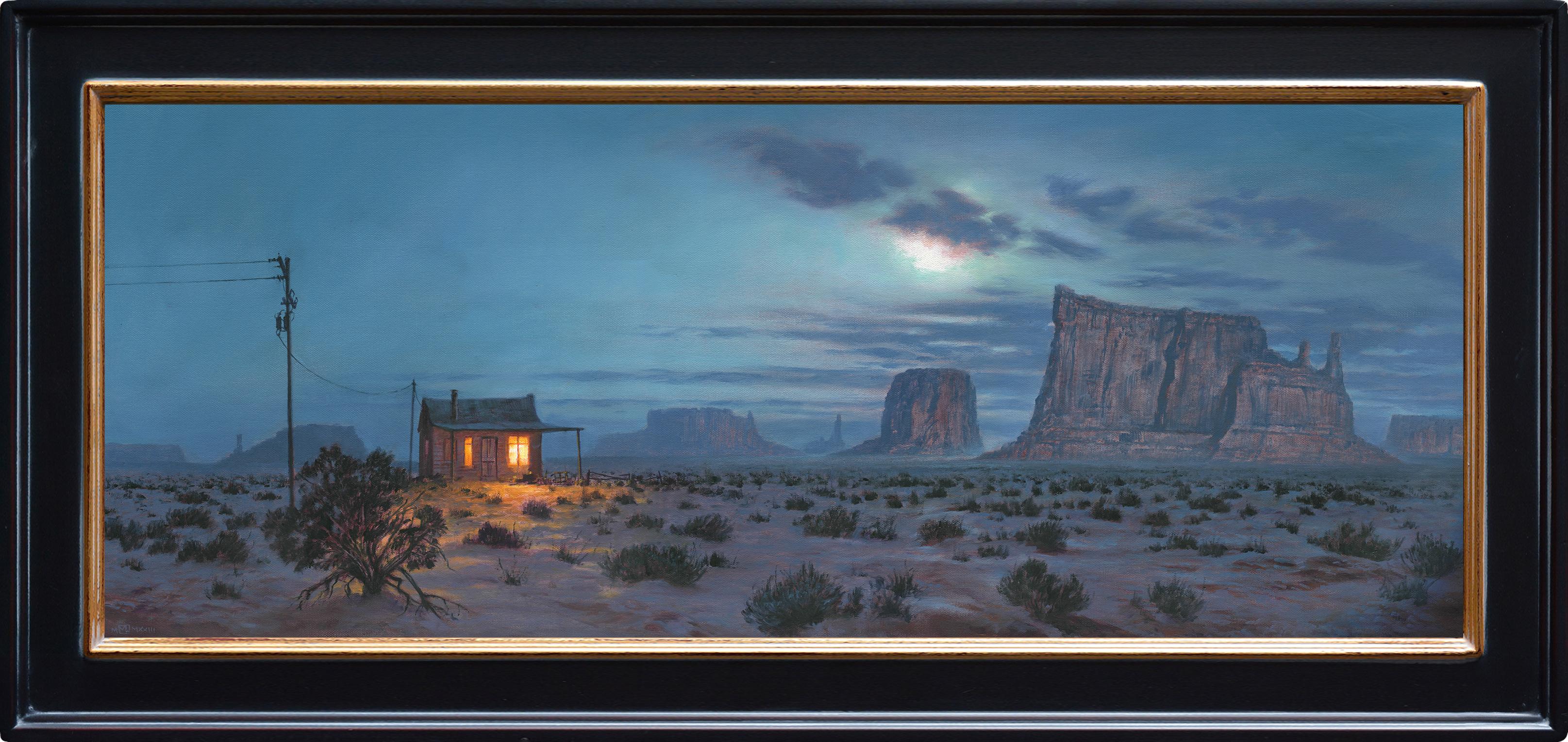 Figurative Painting de Mark Harrison - "Fin del trayecto" - Óleo sobre lienzo Paisaje nocturno con cabaña en el desierto