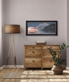"Home Alone" - Coastal Oil Painting With Dramatic Cliffs and Sunset Sky