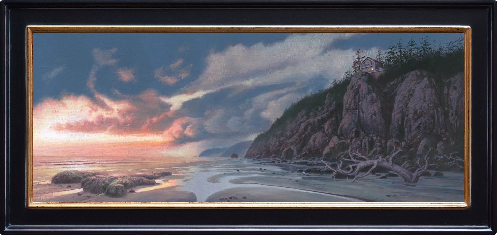 Figurative Painting de Mark Harrison - "Solo en casa" - Pintura al óleo costera con dramáticos acantilados y cielo al atardecer