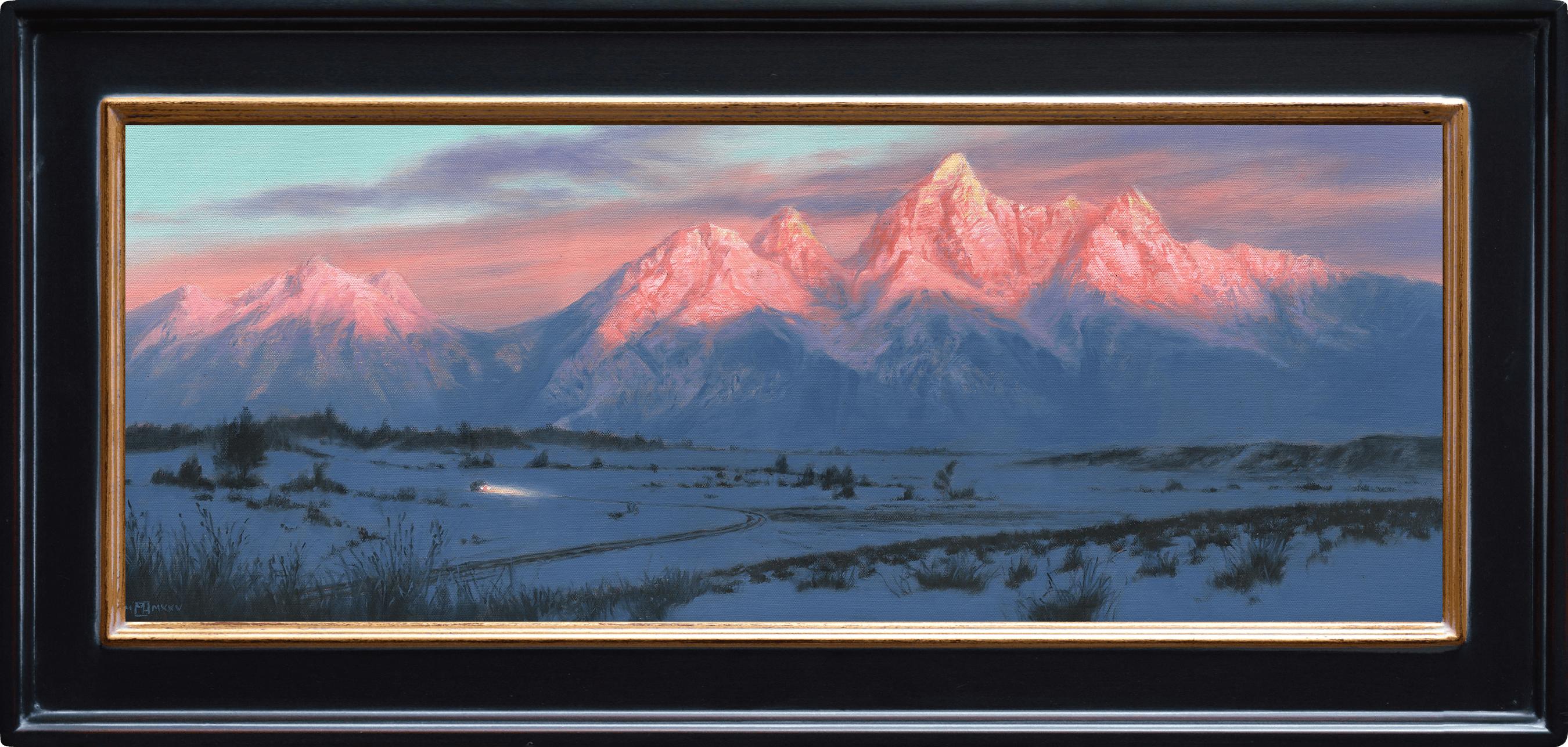 Figurative Painting Mark Harrison - "Last Light" - Huile sur toile Paysage d'hiver avec montagnes au coucher du soleil