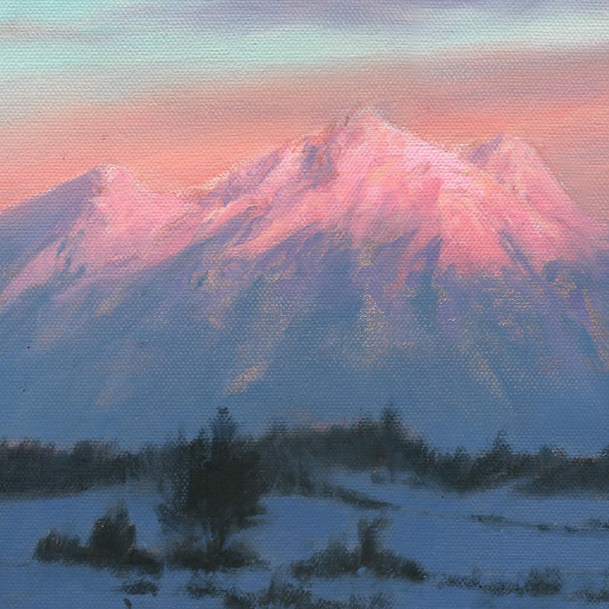 Last Light (2025) de Mark Harrison est une peinture à l'huile sur toile originale, réalisée à la main, qui capture la beauté fugace du crépuscule qui tombe sur une plaine enneigée et les pics escarpés d'une chaîne de montagnes. Peint avec un