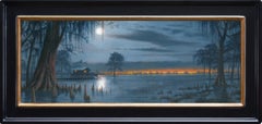 "Out Of Town" - Nocturne Oil Painting With Swamp Cabin and Cypress Trees