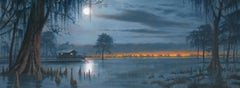 "Out Of Town" - Nocturne Oil Painting With Swamp Cabin and Cypress Trees