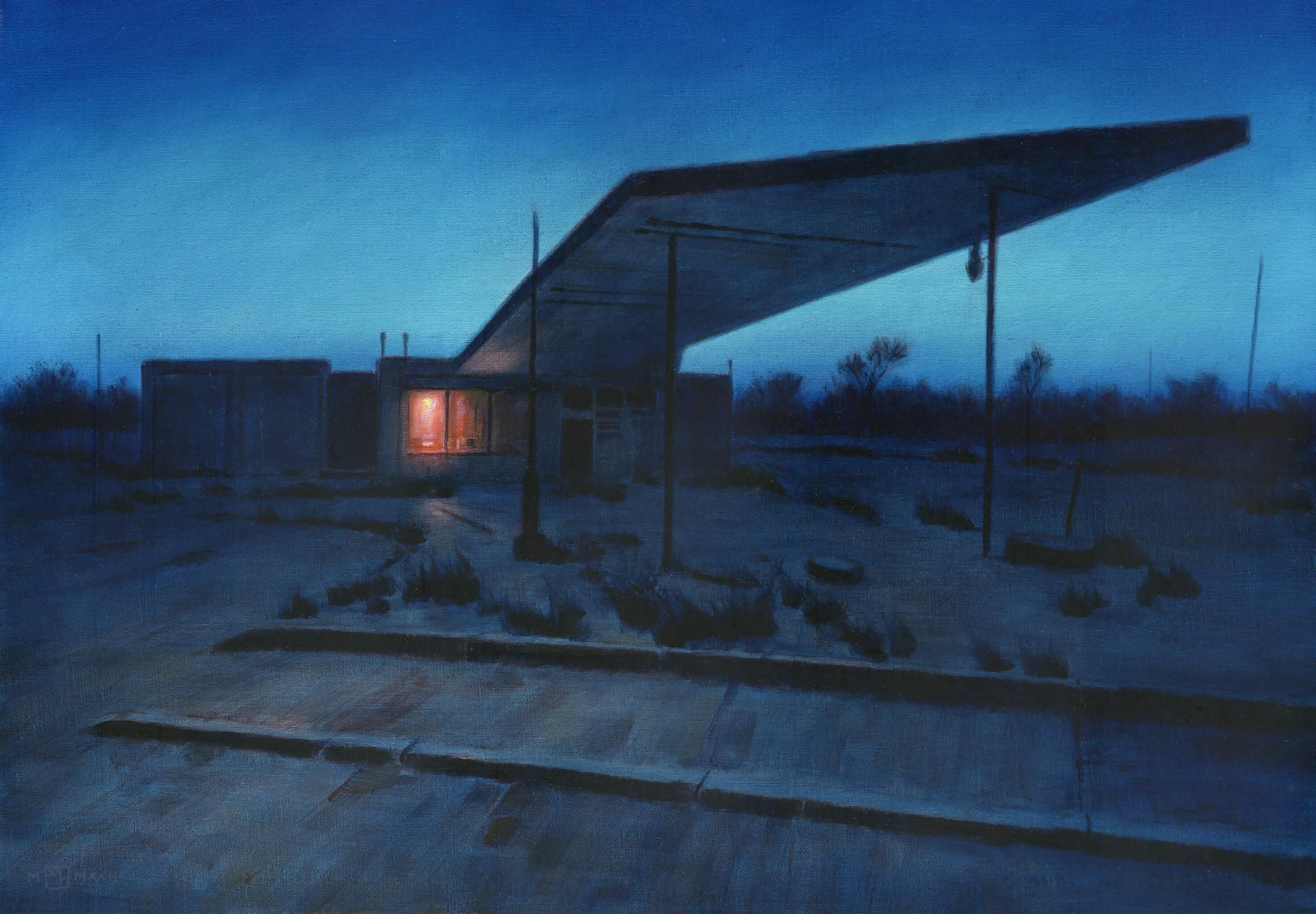 Mark Harrison Figurative Painting - Station Blue, Original Oil Painting