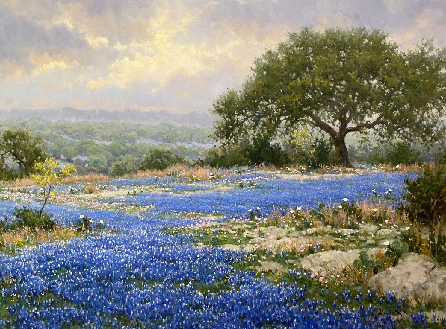 Mark Haworth Landscape Painting - "SPRING VEIL" TEXAS HILL COUNTRY BLUEBONNET 30 X 40 IMAGE DATED 2000