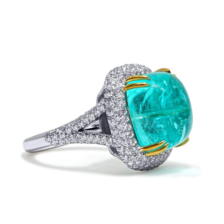 Mark Henry 14.00 Carat Cabochon Paraiba Tourmaline and Diamond Ring, 18 Karat In New Condition For Sale In New York, NY