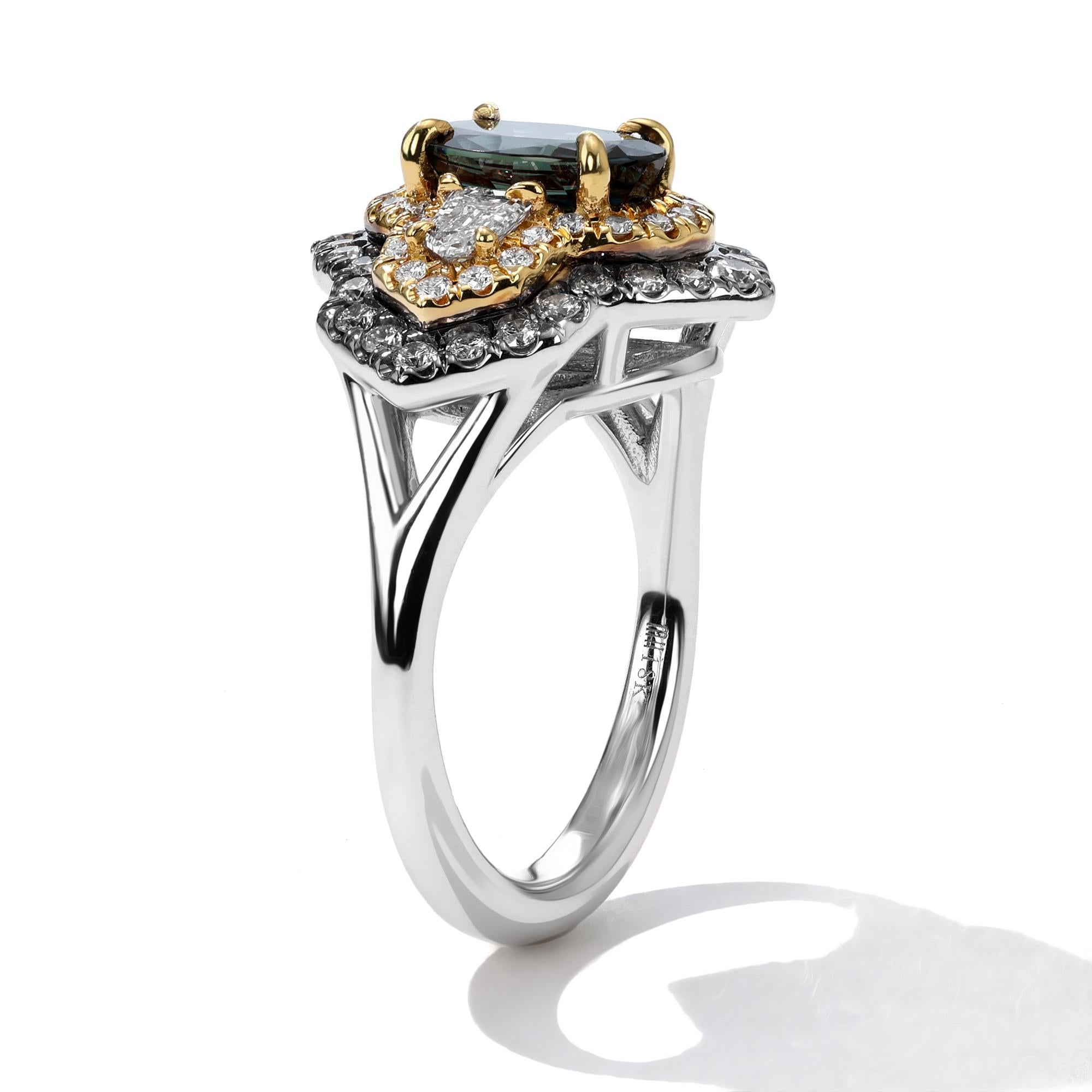 Metal: 18kt Gold
Alexandrite Weight: 1.83 ct.
Fancy Diamond Weight:� 0.35 ct.
Round Diamond Weight: 0.63 ct.
*Alexandrite is Brazilian Origin

This one of a kind marvel is a one of one in existence. Alexandrite at sizes greater 1 carat are rarely