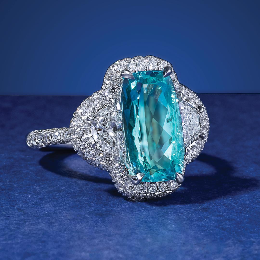 Cushion Cut Mark Henry 3.94 Carat Paraiba Tourmaline and Diamond Ring, 18 Karat For Sale
