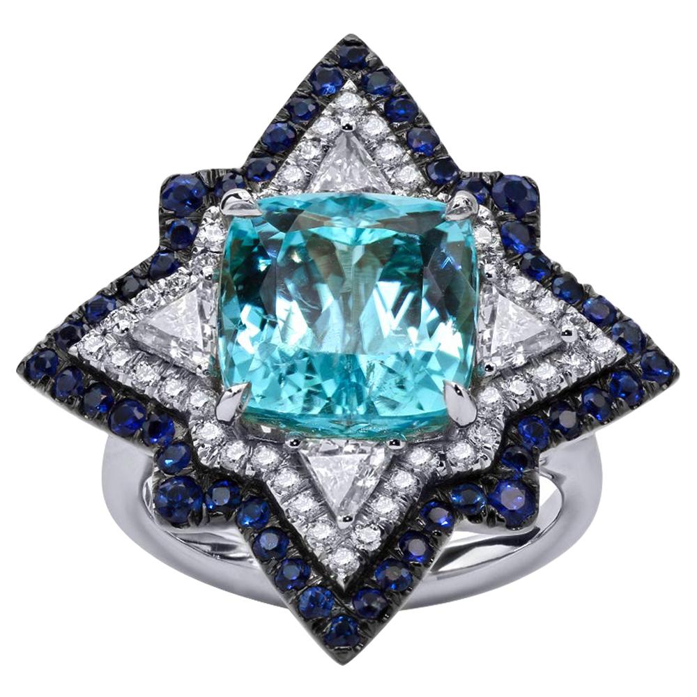 Mark Henry 5.82 Carat Paraiba Tourmaline, Sapphire and Diamond Ring, 18 Karat