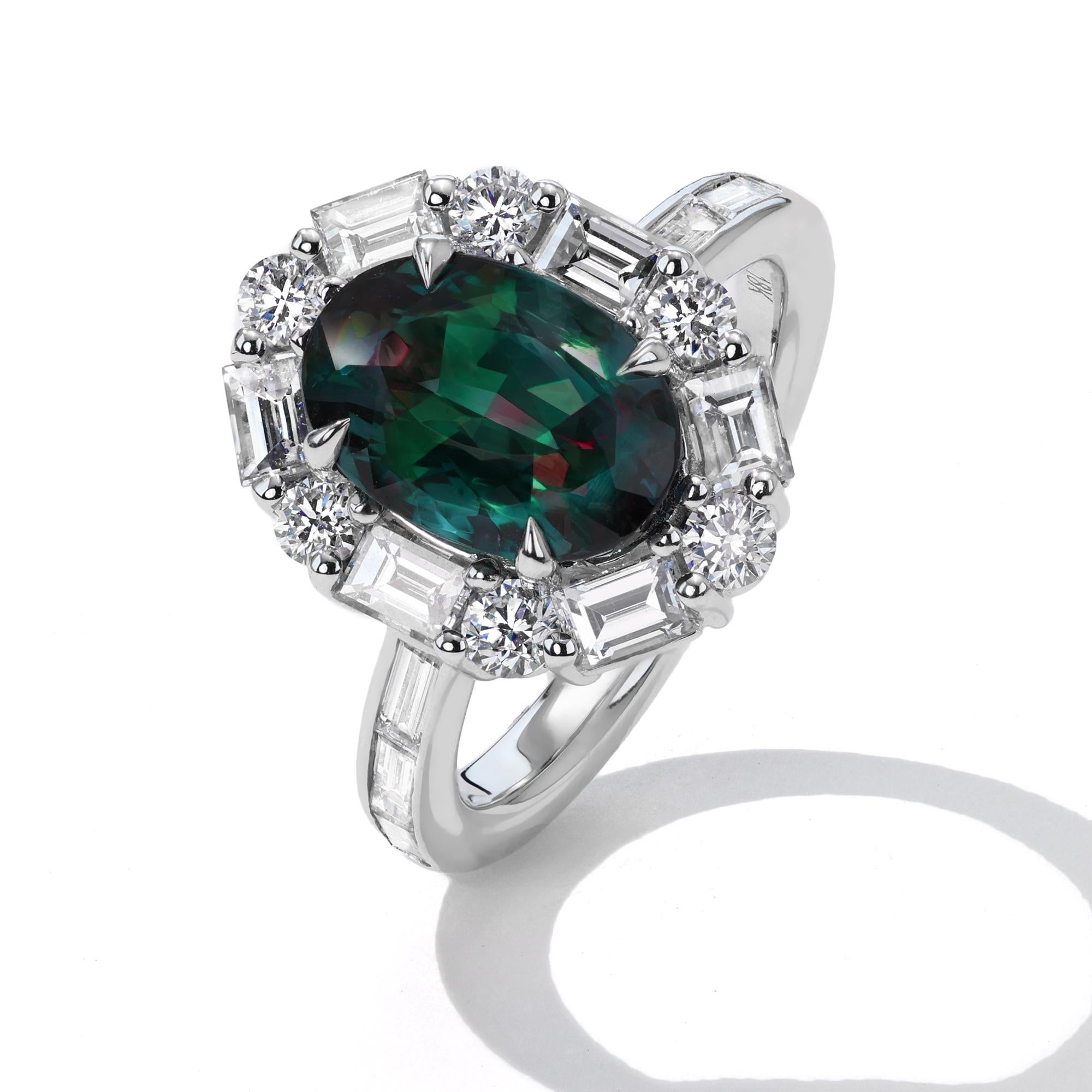 Metal: 18kt Gold
Alexandrite Weight: 4.27 ct.
Baguette Diamond Weight: 1.29 ct.
Round Diamond Weight: 0.38 ct.
Certification: AGL #1128042
*Alexandrite is Brazilian Origin

This one of a kind marvel is a one of one in existence. Alexandrite at sizes