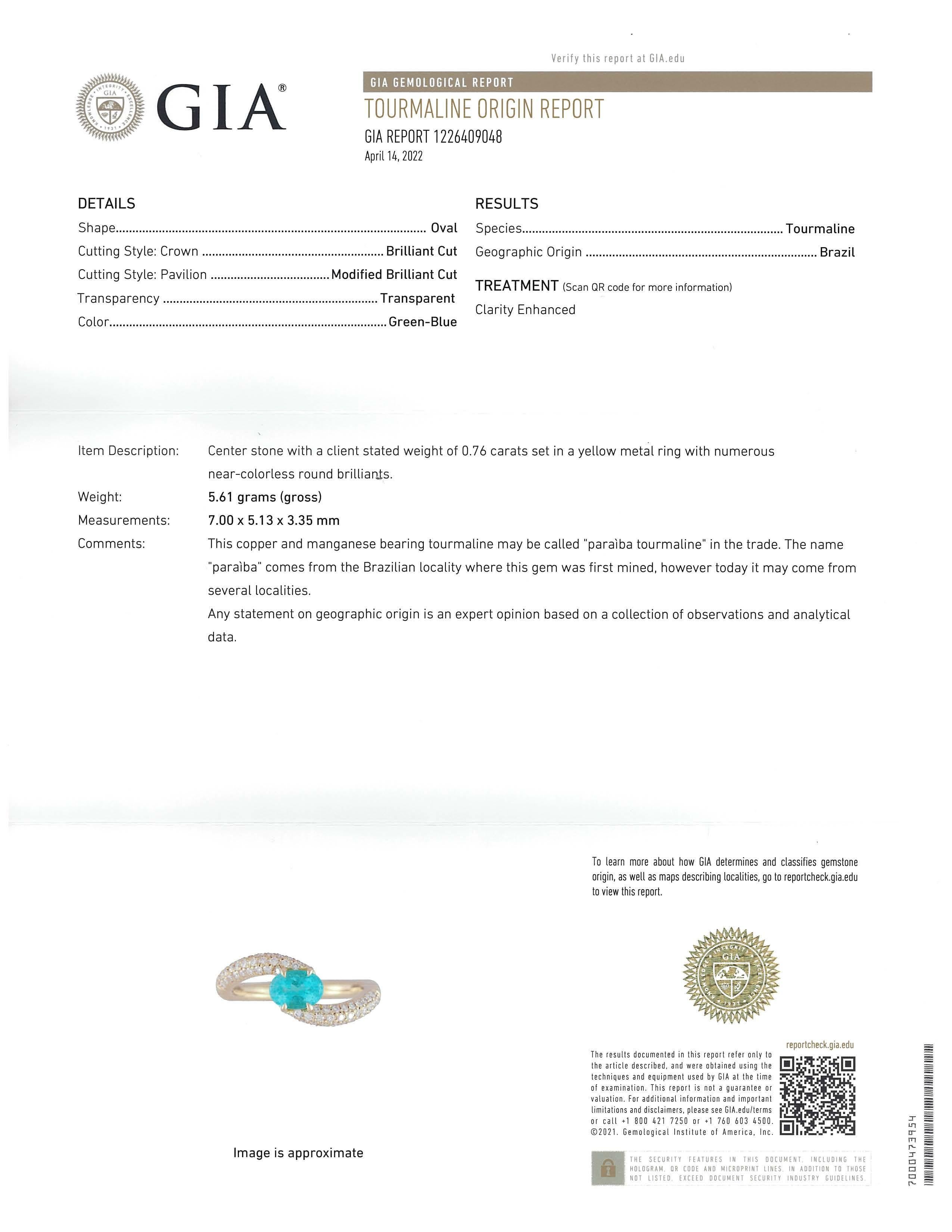 Mark Henry GIA Certified 0.76 Ct. Brazilian Paraiba Tourmaline Ring, 18 Karat In New Condition In New York, NY