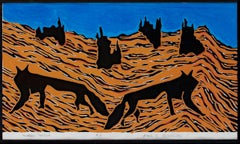 "Wary Warf, " Original Linocut Landscape with Animals AP signed by Mark Herrling