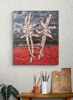 Composición abstracta figurativa de metal oxidado "Alambre de espino bailando en rojo"