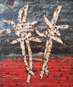 Composizione astratta figurativa in metallo arrugginito "Filo spinato danzante di colore rosso".