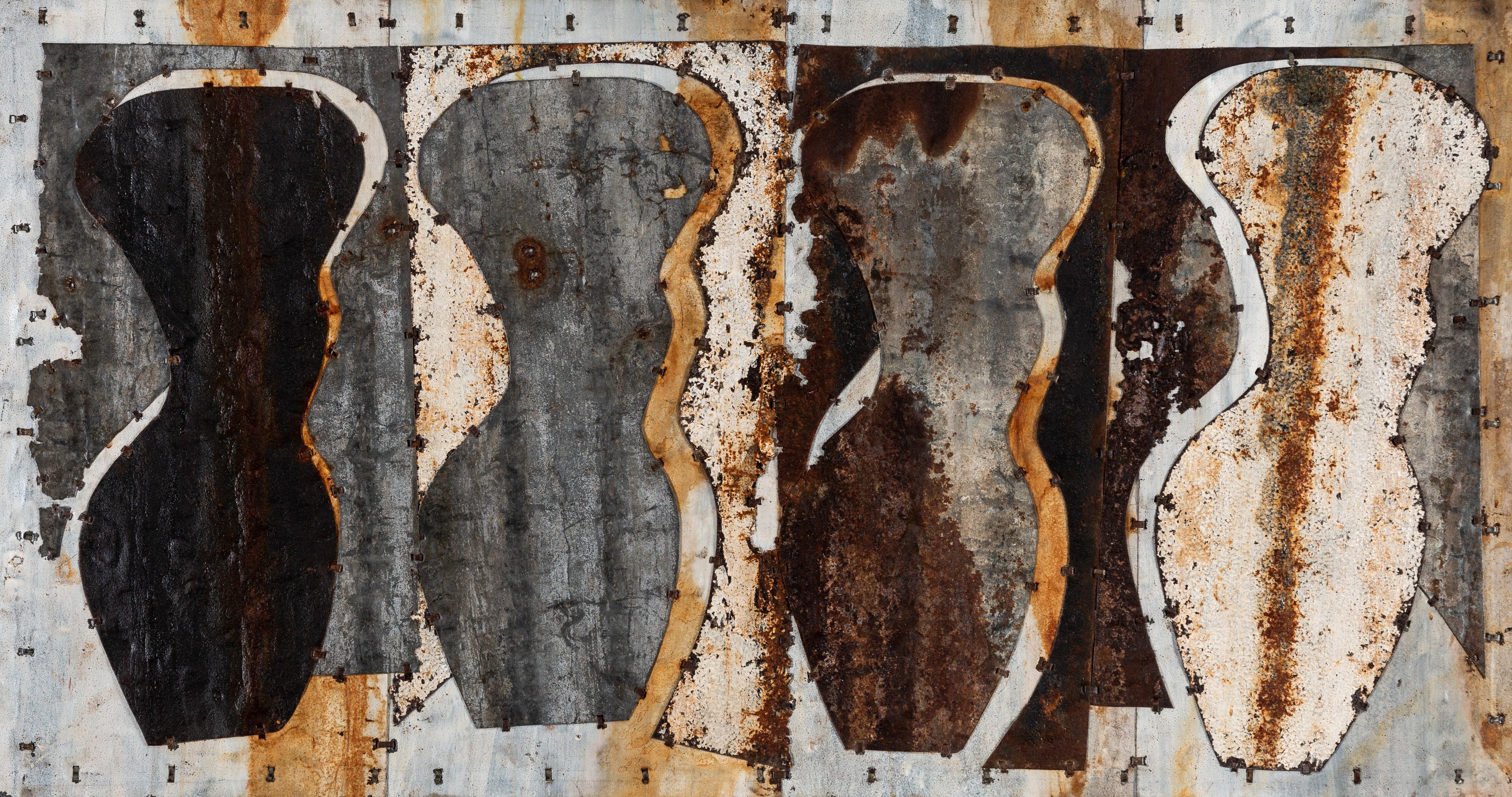 Mark Hilltout Figurative Painting - Large Abstract Metal Composition "Four Torsos: Study 2"