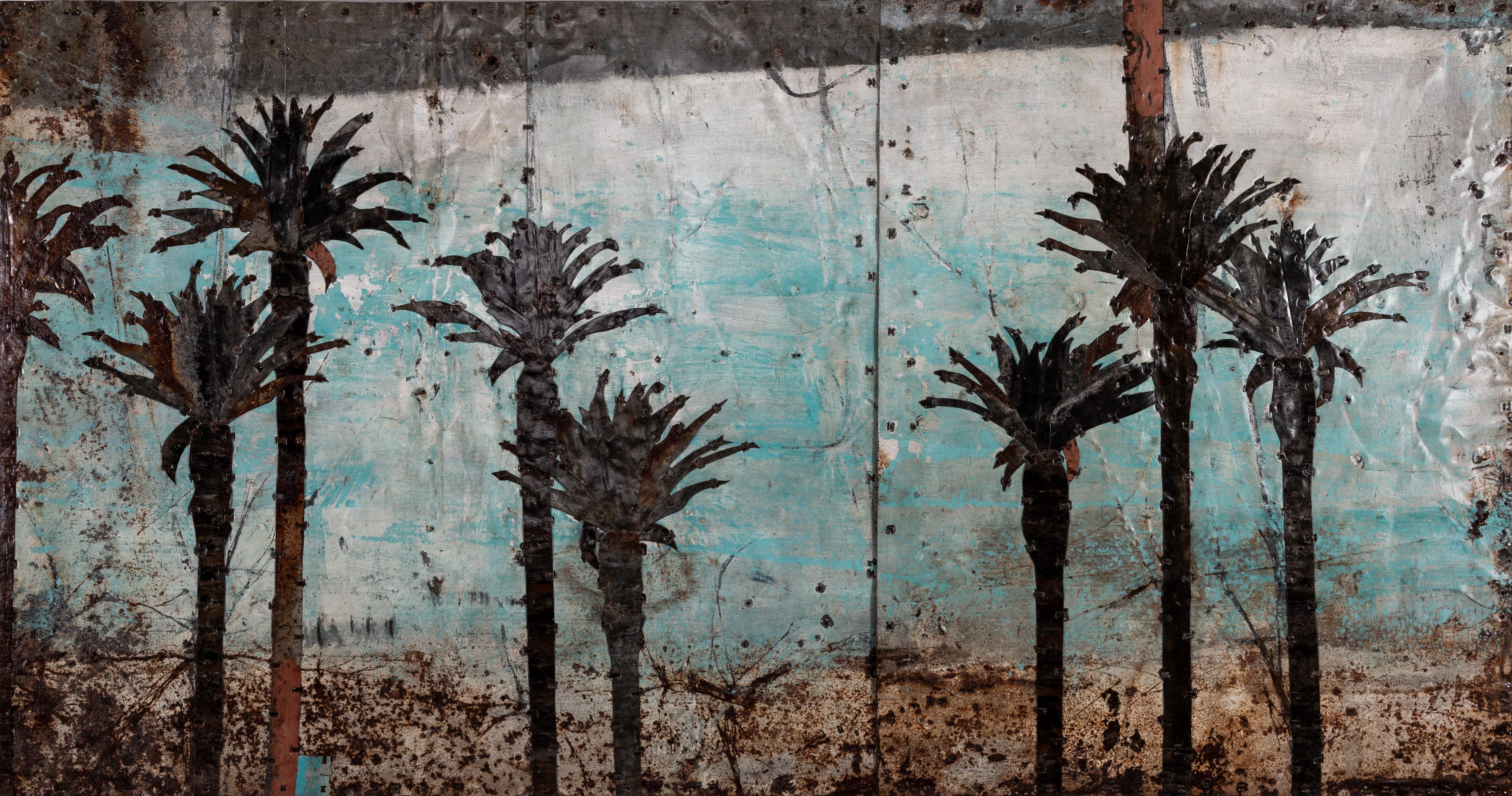 Mark Hilltout Landscape Painting - Large Metal Landscape Composition "Eight Palm Trees"