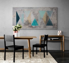 Grande peinture abstraite à l'huile et technique mixte « Turquoise Tunnel »