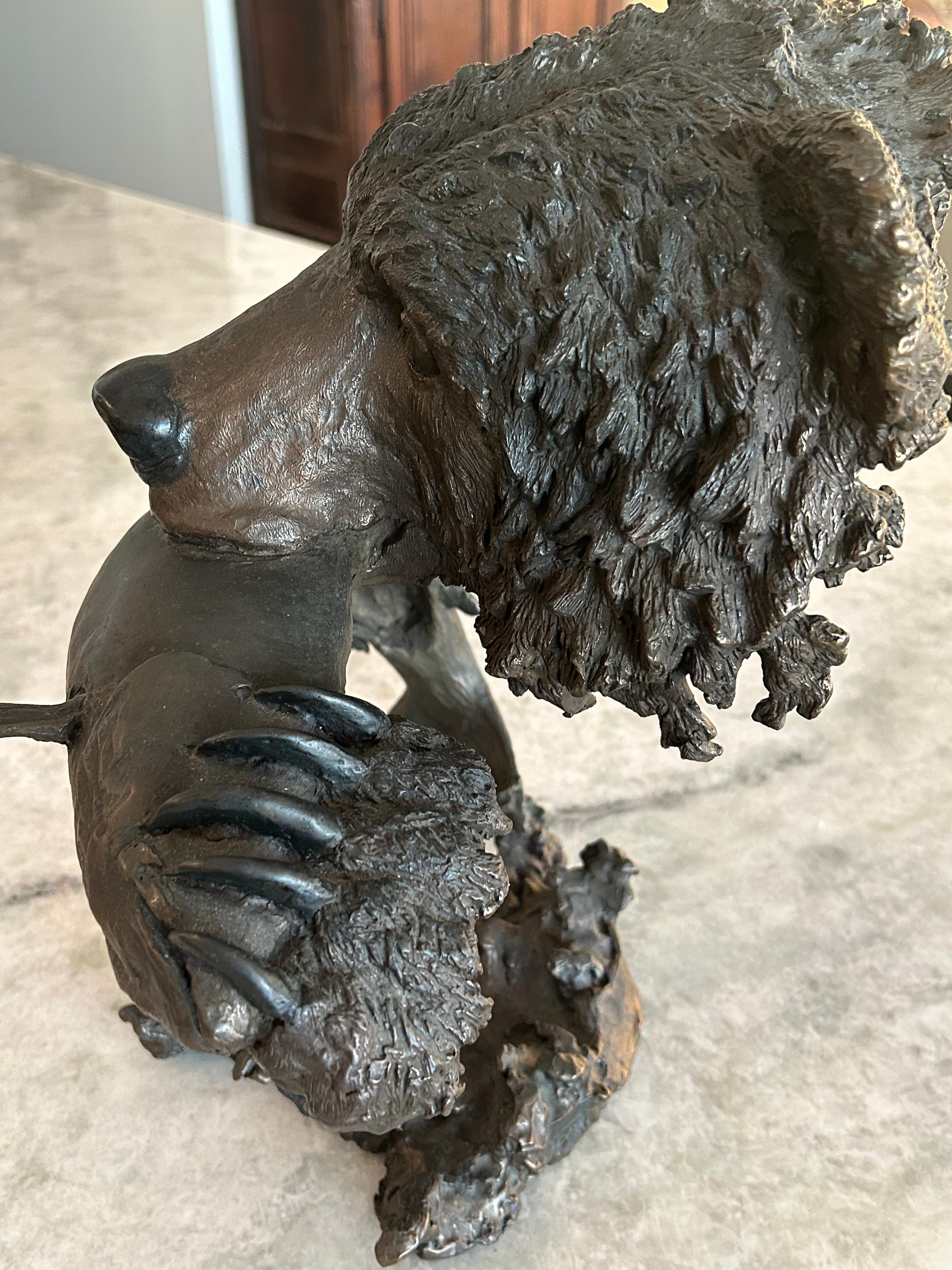 Mark Hopkins, bronze titled “Fishing Grizzly”.grizzly bear with rainbow trout In Good Condition In West Palm Beach, FL