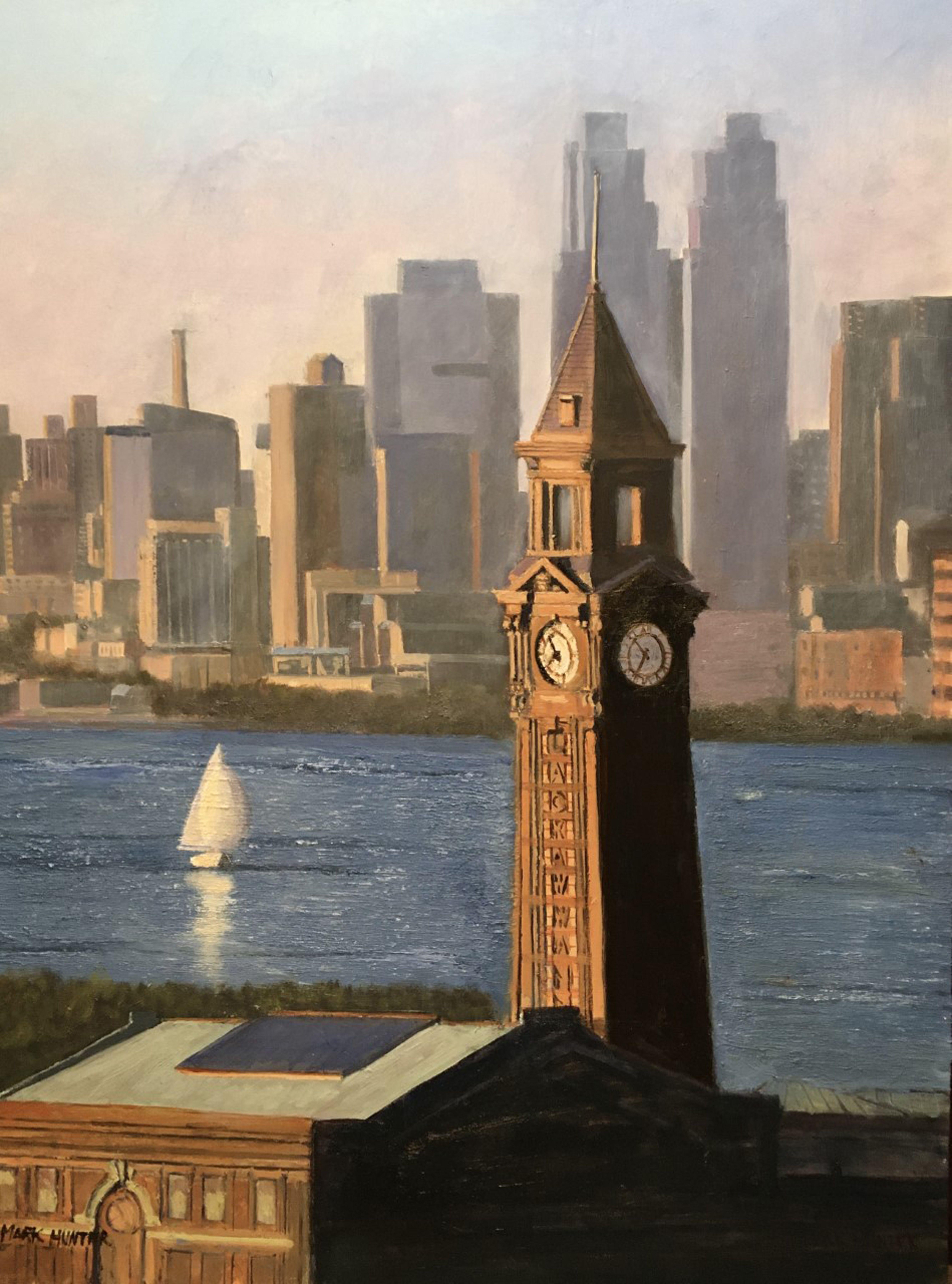 Clock Tower was inspired by the view of the Hoboken Lackawanna train station clock tower and the Manhattan Skyline from a Jersey City high rise building.    I want the viewer to gaze past the Clock Tower and the Hudson River to the Manhattan