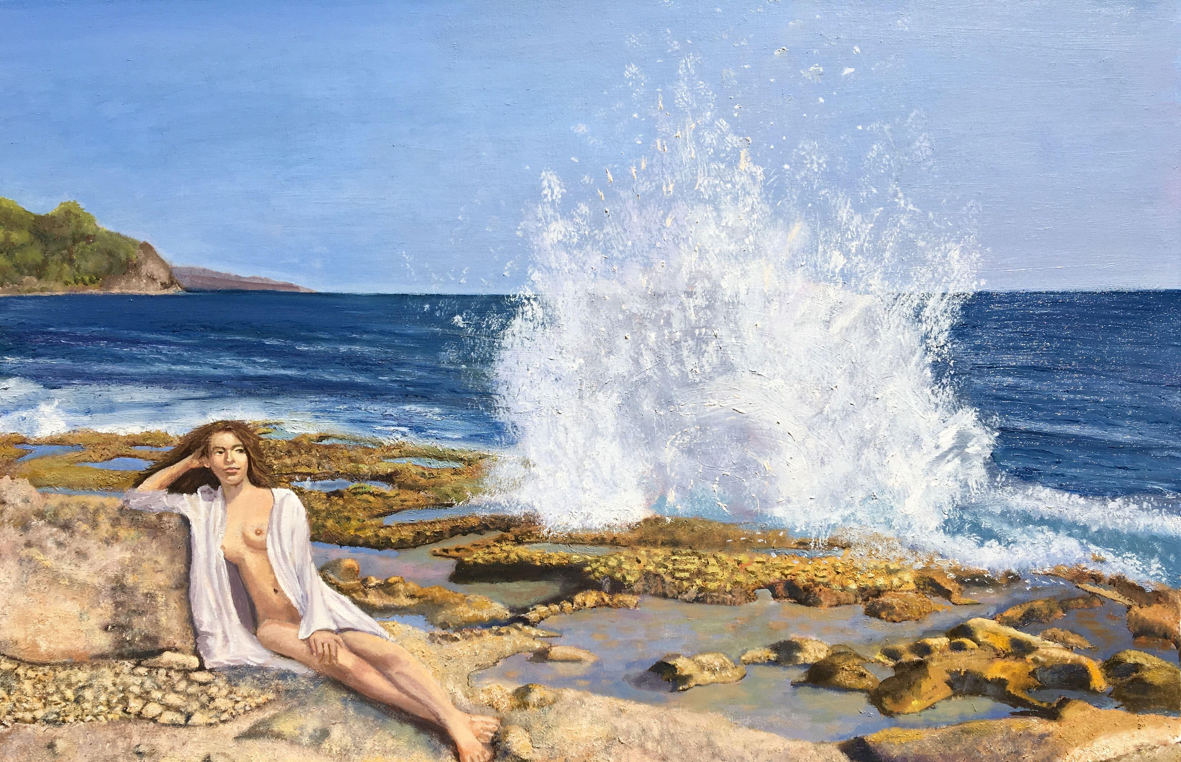 A partially nude woman observing a crashing wave on the beach. :: Painting :: Realism :: This piece comes with an official certificate of authenticity signed by the artist :: Ready to Hang: No :: Signed: Yes :: Signature Location: lower left ::