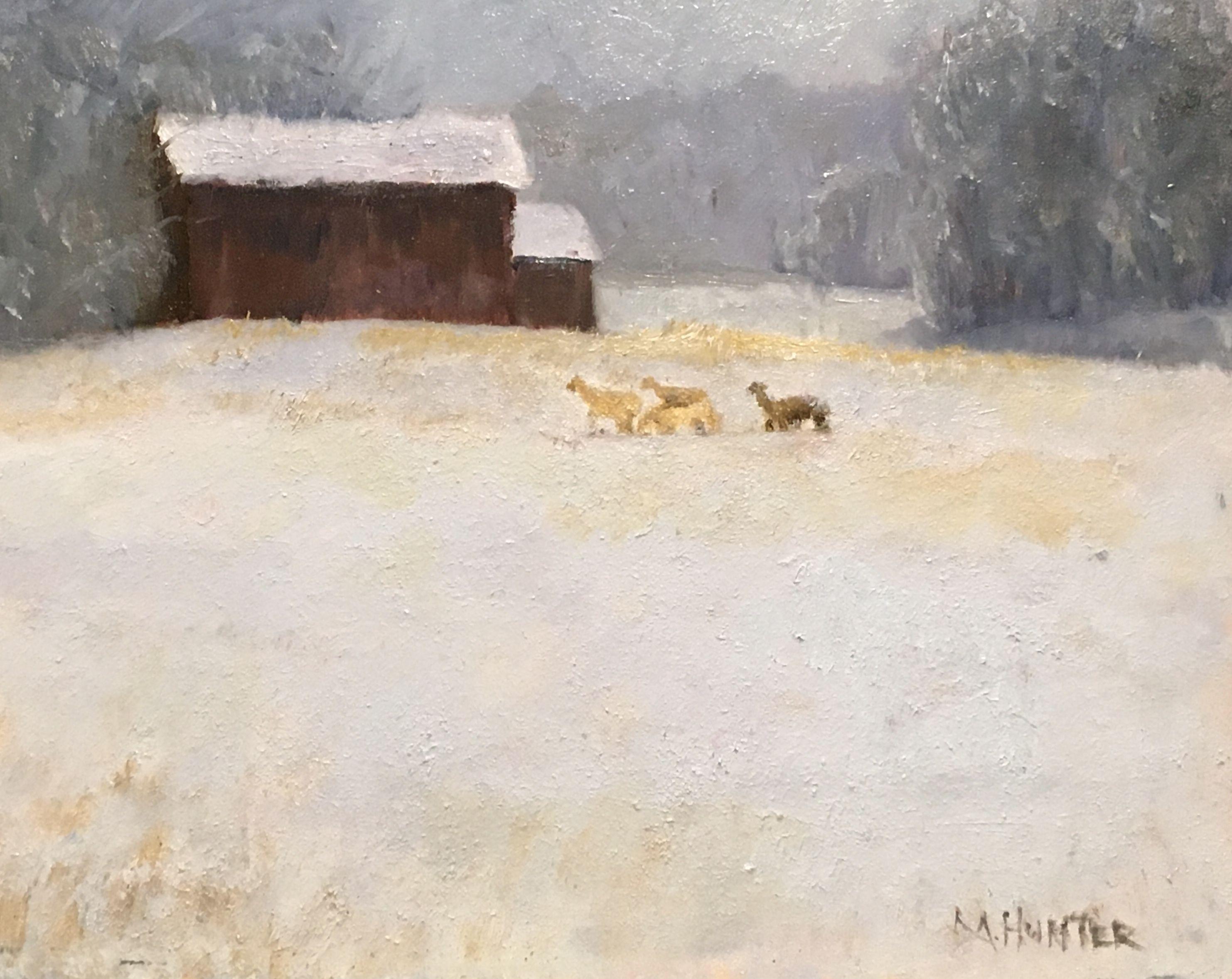 Winter Farm Scene :: Painting :: Realism :: This piece comes with an official certificate of authenticity signed by the artist :: Ready to Hang: No :: Signed: Yes :: Signature Location: lower right :: Wood Panel :: Landscape :: Original :: Framed: